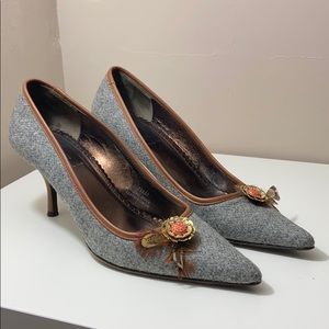 J Crew flannel pumps with enamel & feather detail